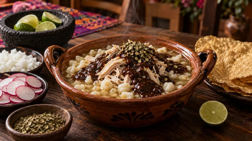 Pozole con mole preparado con maíz, pollo y salsa oaxaqueña para las celebraciones patrias mexicanas de septiembre.
