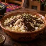 Pozole con mole preparado con maíz, pollo y salsa oaxaqueña para las celebraciones patrias mexicanas de septiembre.