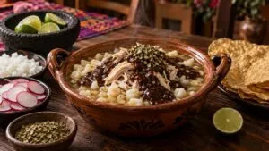 Pozole con mole preparado con maíz, pollo y salsa oaxaqueña para las celebraciones patrias mexicanas de septiembre.