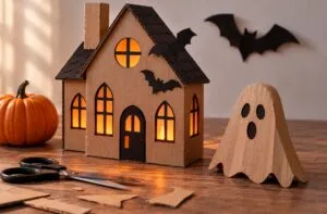 Cajas de cartón reutilizadas para crear adornos de Halloween como fantasmas, lápidas, murciélagos y casas embrujadas.