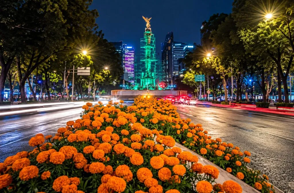 Esculturas gigantes y luces de Día de Muertos transforman Paseo de la Reforma en Ciudad de México