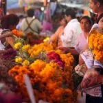 Compras de Día de Muertos con pan tradicional, flores de cempasúchil, veladoras y decoraciones disponibles en un negocio mexicano.